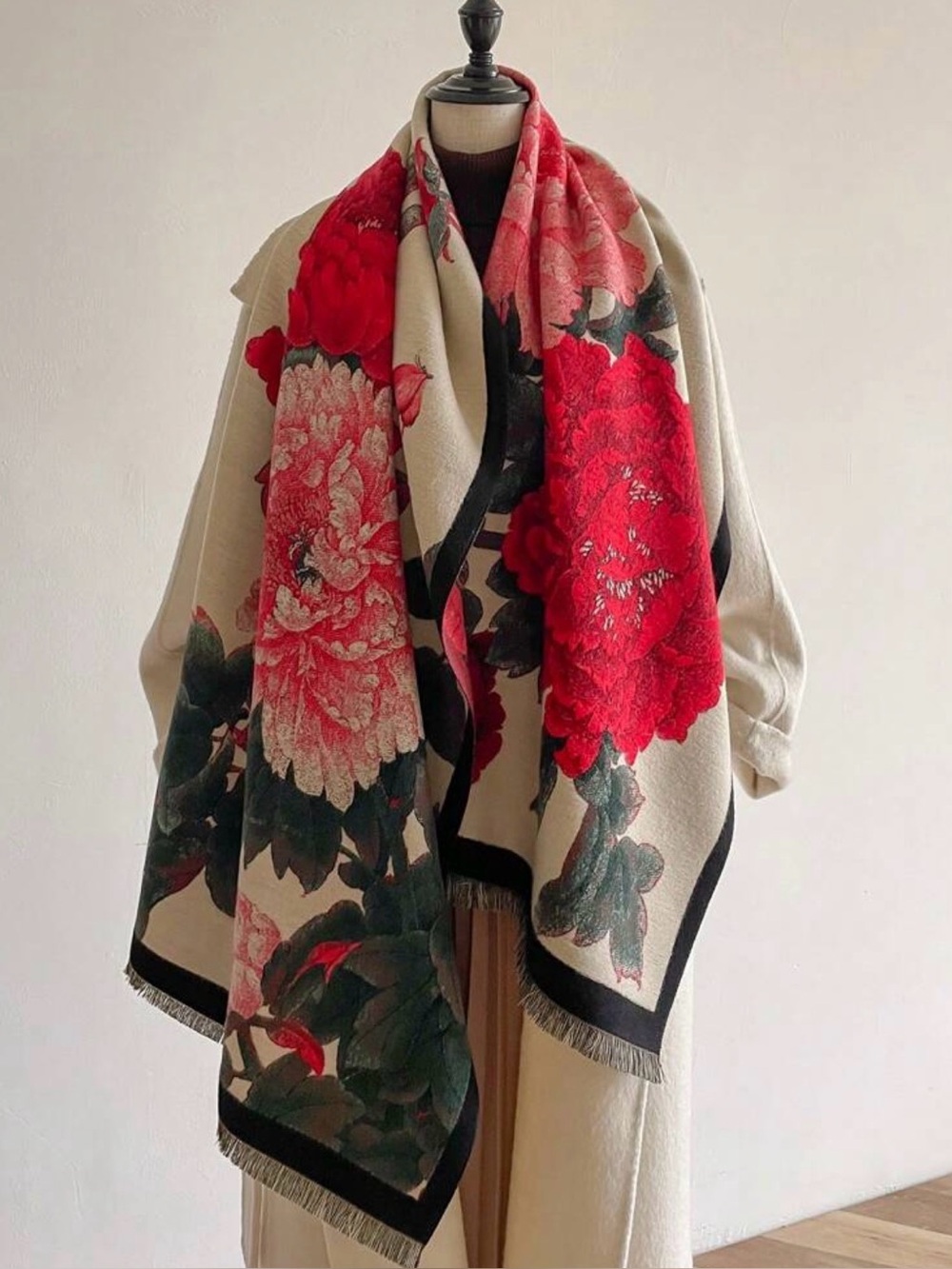 Source Unknown Floral Knit Wrap in Red, Black and Cream